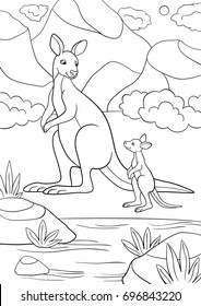 Coloring pages. Mother kangaroo with her little cute baby.