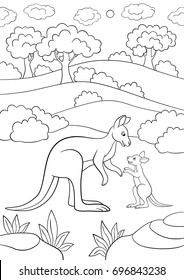 Coloring pages. Mother kangaroo with her little cute baby.