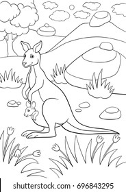 Coloring pages. Mother kangaroo with her little cute baby.