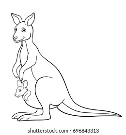 Coloring pages. Mother kangaroo with her little cute baby.