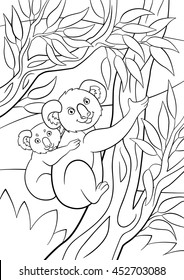 Coloring pages. Mother koala sits on the tree branch in the forest with her little cute baby and smiles.