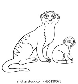 Coloring pages. Mother meerkat with her little cute baby.