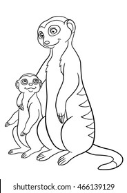 Coloring pages. Mother meerkat with her little cute baby.