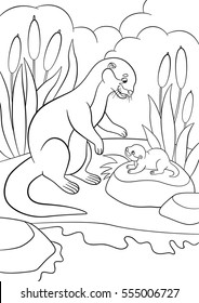 Coloring pages. Mother otter looks at her little cute baby and smiles.