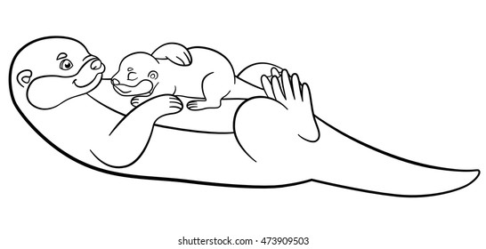 Coloring pages. Mother otter swims with her little cute baby and smiles.