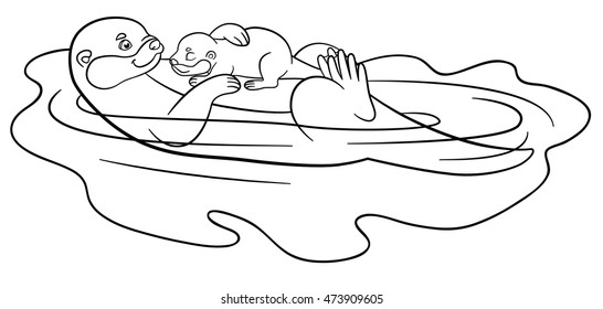 Coloring pages. Mother otter swims with her little cute baby and smiles.