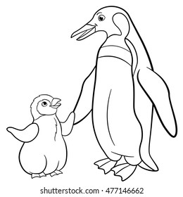 Coloring pages. Mother penguin with her little cute baby.