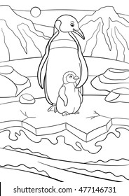 Coloring pages. Mother penguin stands with her little cute baby and smiles.