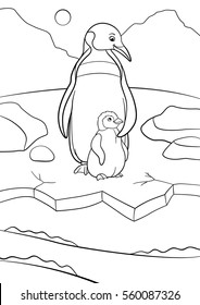 Coloring pages. Mother penguin stands with her little cute baby and smiles.