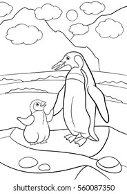 Coloring pages. Mother penguin stands with her little cute baby on the stone and smiles.