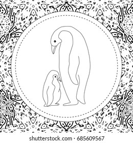 Coloring pages. Mother penguin stands with her little cute baby.