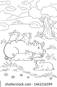 Coloring pages. Mother pig lays with her little cute piglets.