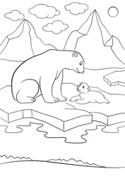 Coloring Pages. Mother Polar Bear Sits On The Ice-floe With Her Little Cute Baby And Smiles.