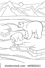 Coloring pages. Mother polar bear stands on the ice-floe with her little cute baby bear.