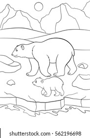 Coloring pages. Mother polar bear walks on the snow with her little cute baby and smiles.