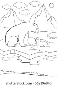 Coloring pages. Mother polar bear sits on the ice-floe with her little cute baby and smiles.