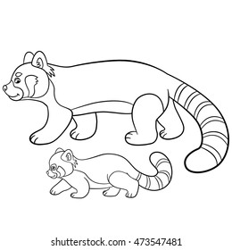 Coloring pages. Mother red panda walks with her little cute baby and smiles.