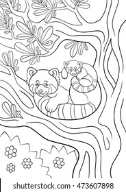 Coloring pages. Mother red panda sits on the tree branch with her little cute baby and smiles.