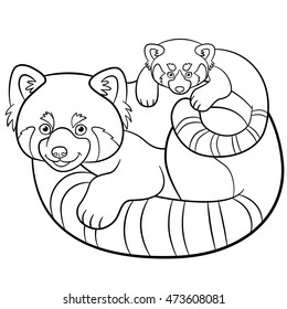 Coloring Pages. Mother Red Panda With Her Cute Baby.