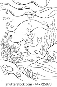 Coloring pages. Mother seal with her little cute baby swim underwater and smile.