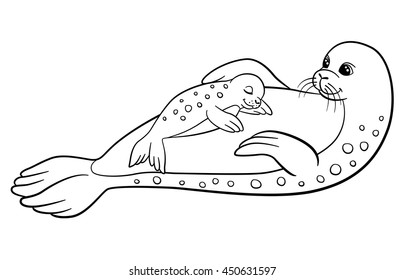 Coloring pages. Mother seal with her little cute baby seal.