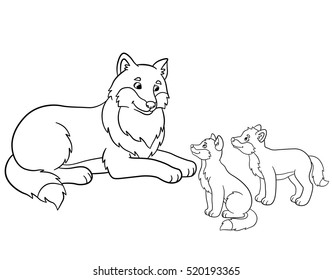 Coloring pages. Mother wolf with her little cute babies.
