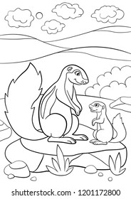 Coloring pages. Mother xerus with her little cute baby.