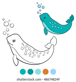 Coloring pages: narwhal. Little cute lady narwhal swims and smiles.