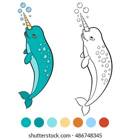 Coloring pages: narwhal. Little cute narwhal swims and smiles.