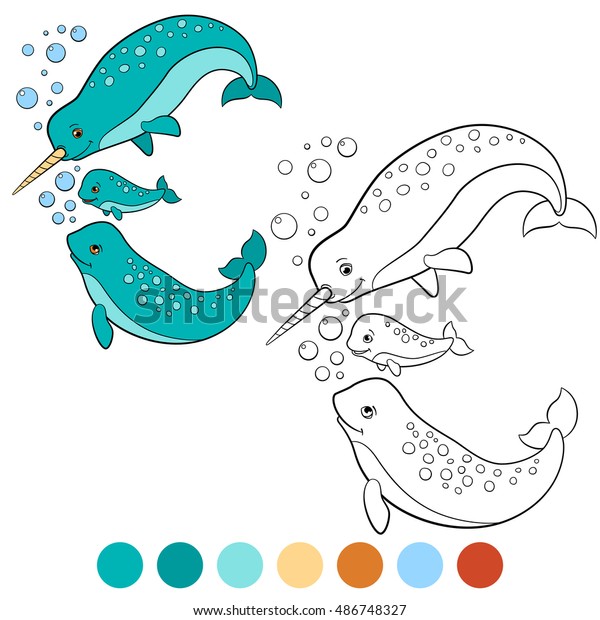 coloring pages narwhal mother father baby stock vector