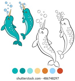 Coloring pages: narwhal. Two little cute narwhals swim and smile.