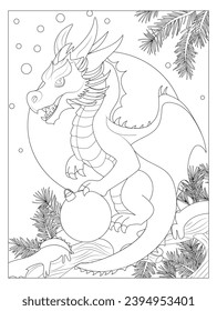 Coloring Pages. New year coloring book. Happy new year 2024. Year of the dragon. Antistress freehand sketch drawing. Vector graphic, EPS 10