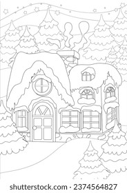 Coloring Pages. Night or evening on the eve of Christmas and a cozy house among fir trees. Christmas trees and the roof are covered with snow. The stars shine brightly in the sky. 