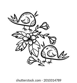Coloring pages for older children. Drawings of birds and flowers. A vector illustration drawn by hand. A postcard design template in a retro style.