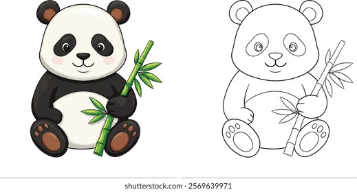 Coloring Pages of Panda Bear and Bamboo Plant in Hand on transparent backgorund.