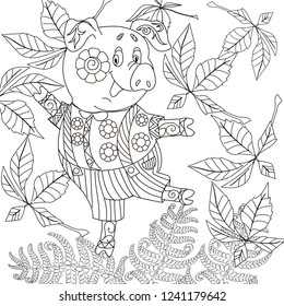 Coloring Pages. Pig - 2019 Chinese New Year symbol. Antistress freehand sketch drawing with doodle and zentangle elements.