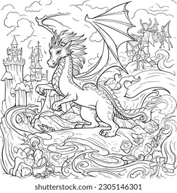  coloring pages to print for adults, a drawing of a castle and other things for coloring, in the style of monstrous surrealism, playful cartoonish illustrations, highly detail