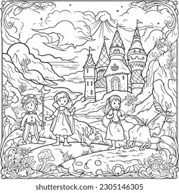  coloring pages to print for adults, a drawing of a castle and other things for coloring, in the style of monstrous surrealism, playful cartoonish illustrations, highly detail