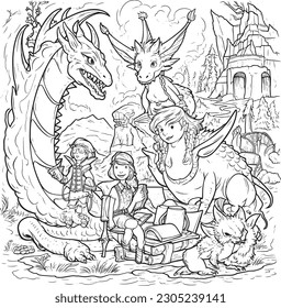  coloring pages to print for adults, a drawing of a castle and other things for coloring, in the style of monstrous surrealism, playful cartoonish illustrations, highly detail