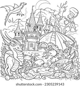  coloring pages to print for adults, a drawing of a castle and other things for coloring, in the style of monstrous surrealism, playful cartoonish illustrations, highly detail