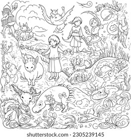  coloring pages to print for adults, a drawing of a castle and other things for coloring, in the style of monstrous surrealism, playful cartoonish illustrations, highly detail