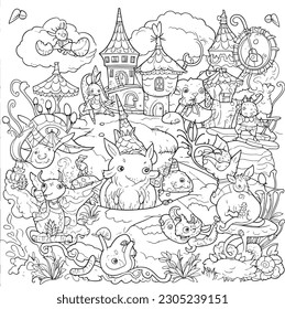  coloring pages to print for adults, a drawing of a castle and other things for coloring, in the style of monstrous surrealism, playful cartoonish illustrations, highly detail