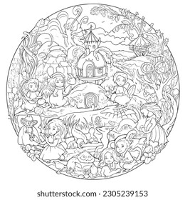  coloring pages to print for adults, a drawing of a castle and other things for coloring, in the style of monstrous surrealism, playful cartoonish illustrations, highly detail