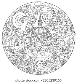  coloring pages to print for adults, a drawing of a castle and other things for coloring, in the style of monstrous surrealism, playful cartoonish illustrations, highly detail