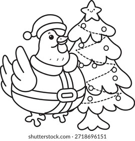 Dibujos para colorear de icono de calcomanía de pollo gallo con tema de Navidad. Esquema de Pollo Gallo traer un árbol de Navidad