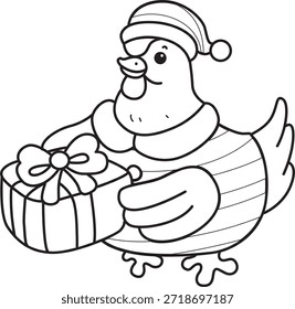 Colorir páginas de galinha galo ícone adesivo com tema de Natal. Contorno de Galo Galo com traje anão e trazer uma caixa de presente

