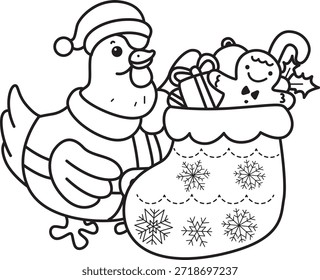 Dibujos para colorear de icono de calcomanía de pollo gallo con tema de Navidad. Esquema de Pollo Gallo con calcetines rojos