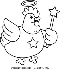 Malvorlagen von Hahn Hühneraufkleber Symbol mit Weihnachtsthema. Umriss von Hahn Huhn mit Engel Kostüm