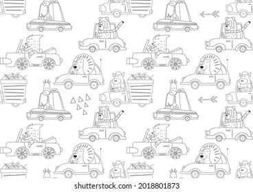 Coloring pages of safari animals seamless pattern. Woodland animals on cars. Vector illustration. Worksheets for kids.