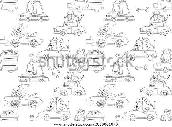 Coloring pages\
of safari animals seamless pattern. Woodland animals on cars.\
Vector illustration. Worksheets for\
kids.